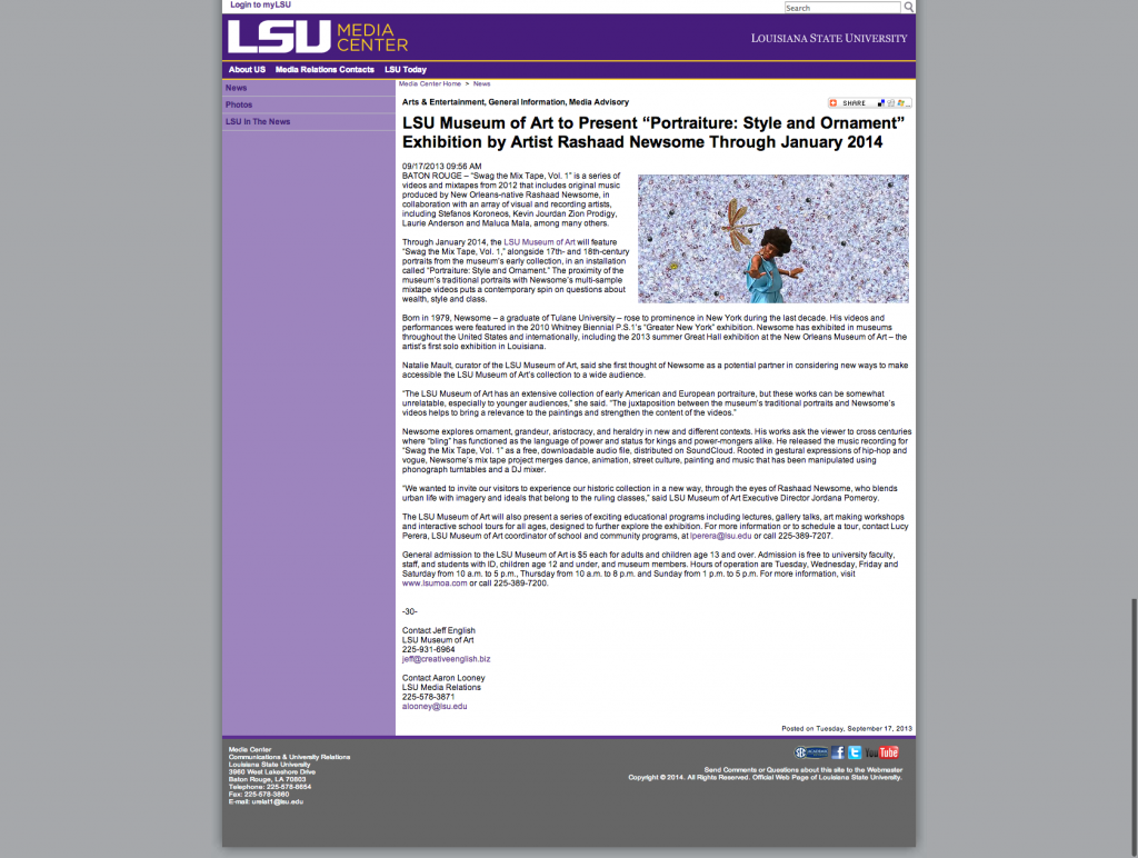 LSU Museum of Art to Present “Portraiture  Style and Ornament” Exhibition by Artist Rashaad Newsome Through January 2014